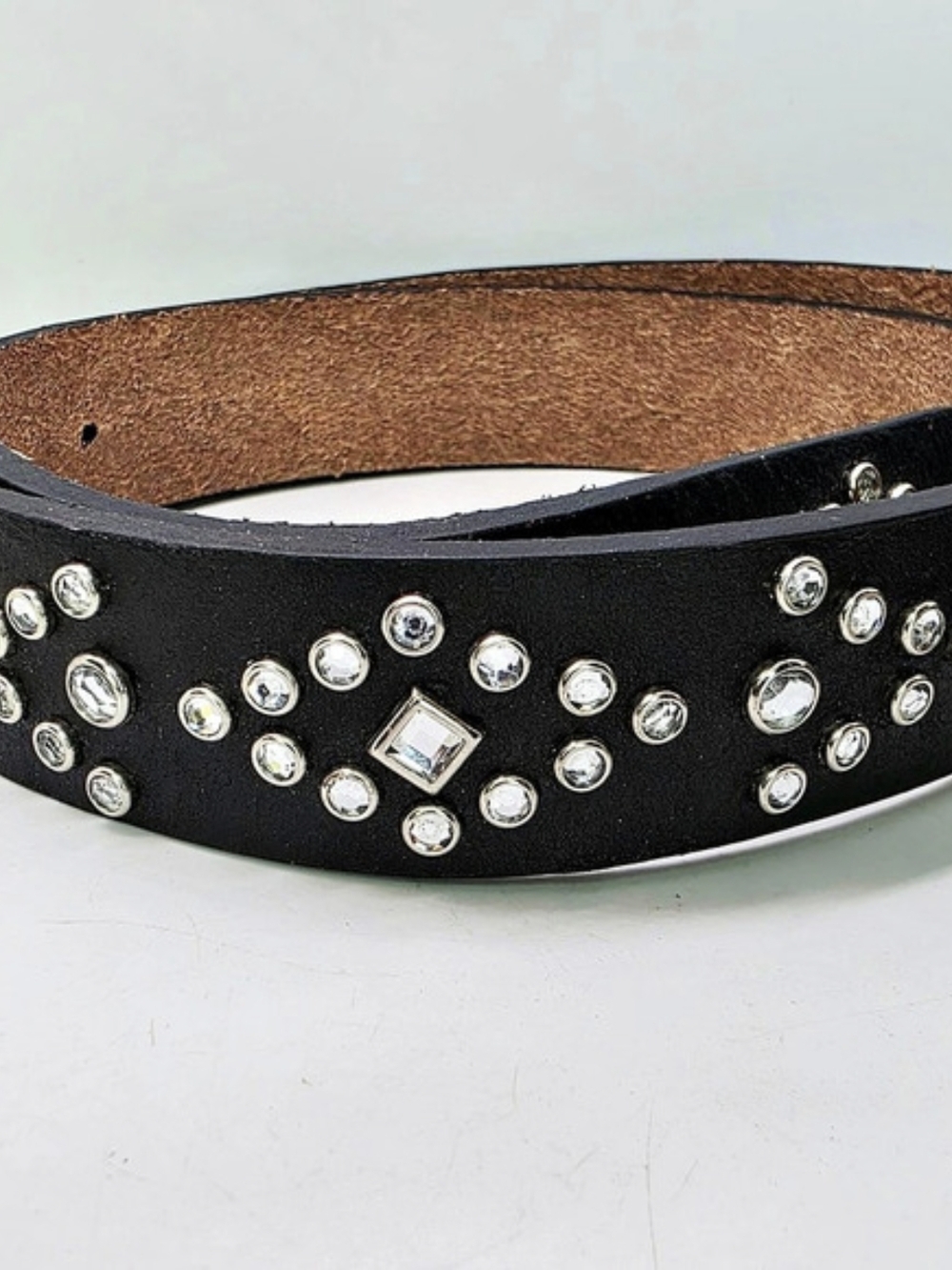 Miss Me Y2K Black Leather Belt Rhinestone Bedazzled Studded M Buckle Sz XL 30"